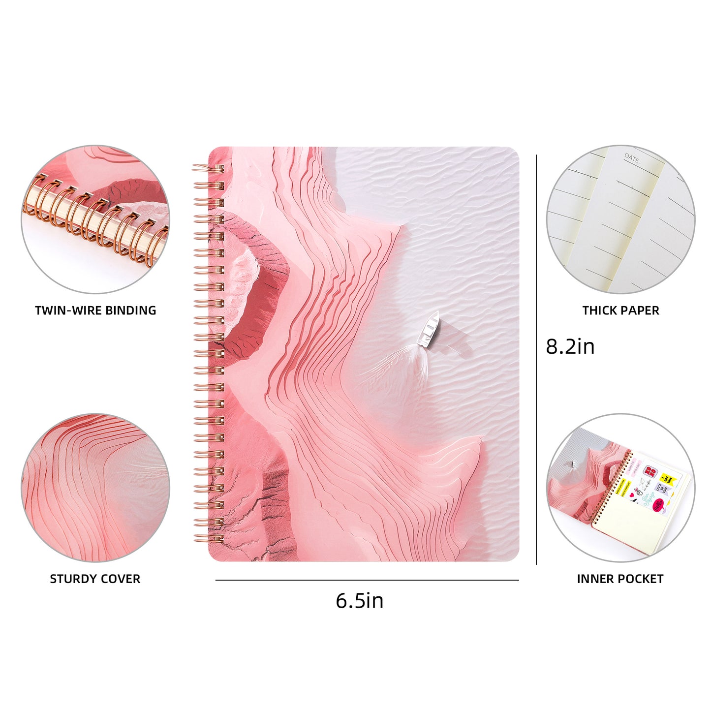 Spiral Notebook for Women, 8.25" x 6.25" Journal with Durable Hardcover and 160 Lined Pages with Large Pockets - Perfect to Stay Organized and Boost Productivity at Work or School