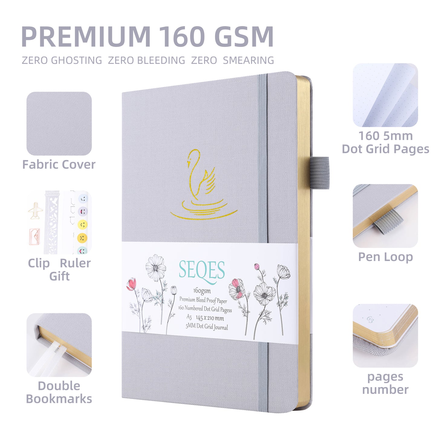 Bullet Dotted Journal - A5 Dot Grid Notebook with pages number,160gsm Bleedproof Paper,Silver Edge for Personal Organizers,Bullet Journals, and journaling- Swan