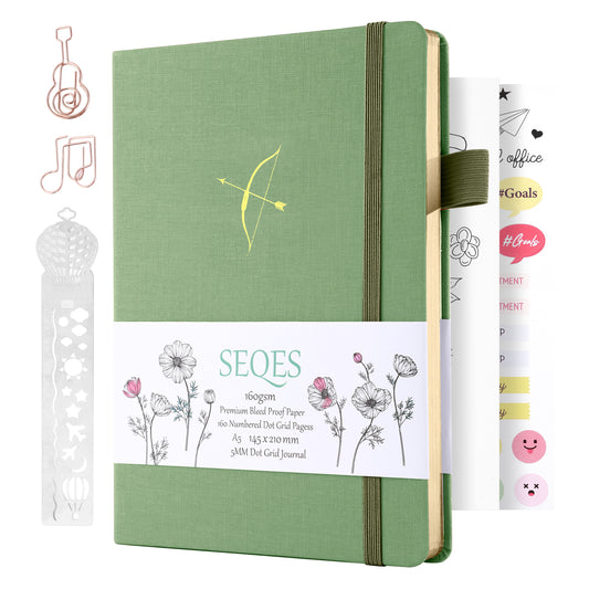 Bullet Dotted Journal - A5 Dot Grid Notebook with pages number,160gsm Bleedproof Paper, Gold Edge and Fabric Hardcover for Personal Organizers, Bullet Journals, and journaling