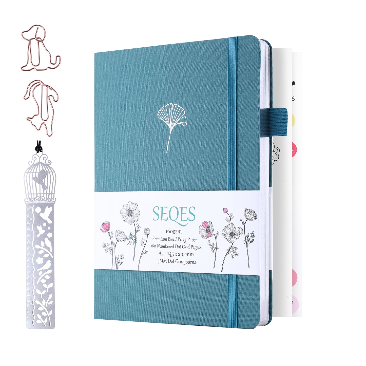 Bullet Dotted Journal - A5 Dot Grid Notebook with pages number,160gsm Bleedproof Paper,Silver Edge and Fabic for Personal Organizers, Bullet Journals, and journaling-Ginkgo leaf