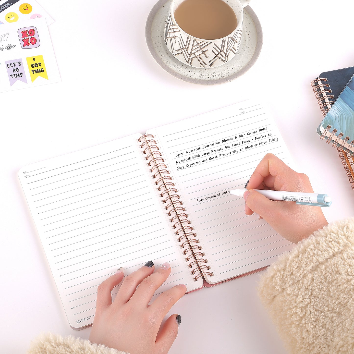Spiral Notebook for Women, 8.25" x 6.25" Journal with Durable Hardcover and 160 Lined Pages with Large Pockets - Perfect to Stay Organized and Boost Productivity at Work or School