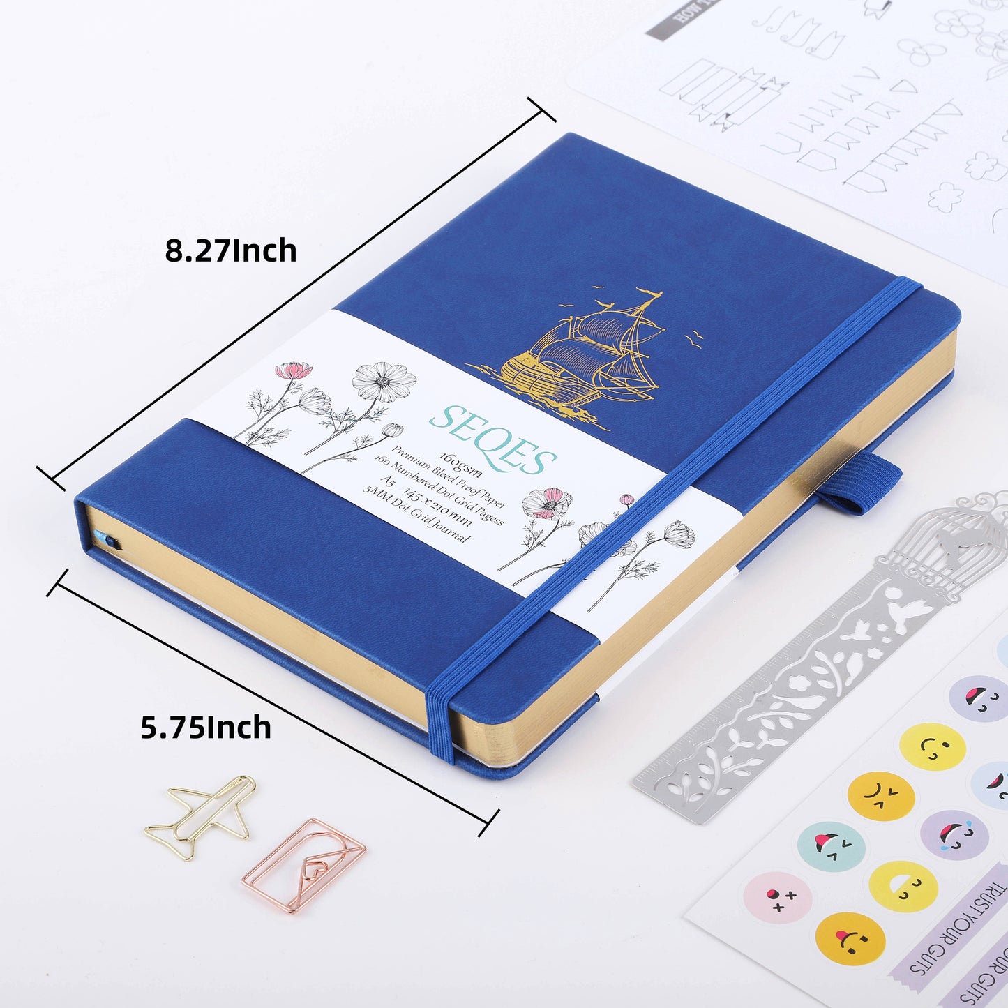 Bullet Dotted Journal - A5 Dot Grid Notebook with pages number,160gsm Bleedproof Paper,Silver Edge for Personal Organizers,Bullet Journals, and journaling- Sailboat