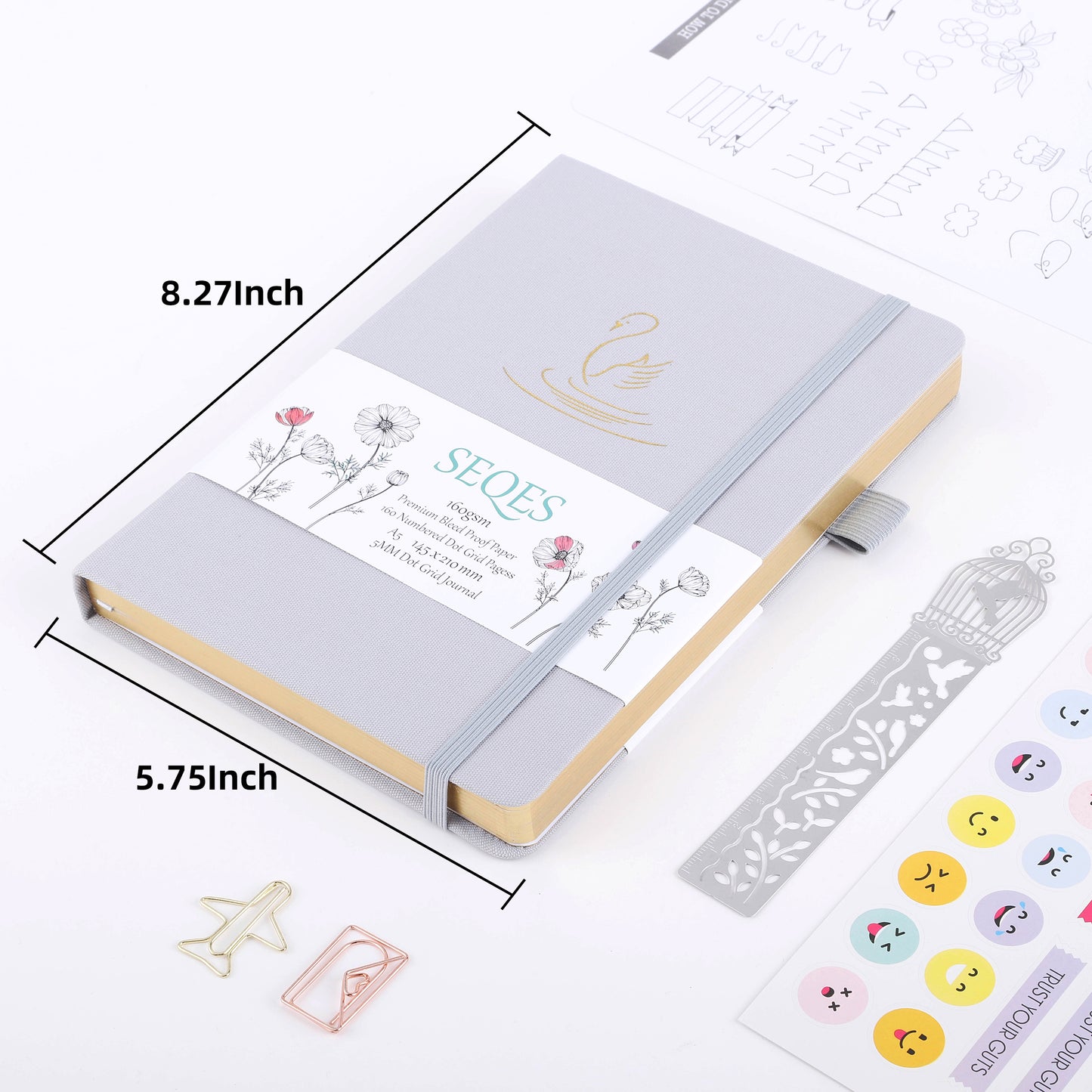 Bullet Dotted Journal - A5 Dot Grid Notebook with pages number,160gsm Bleedproof Paper,Silver Edge for Personal Organizers,Bullet Journals, and journaling- Swan