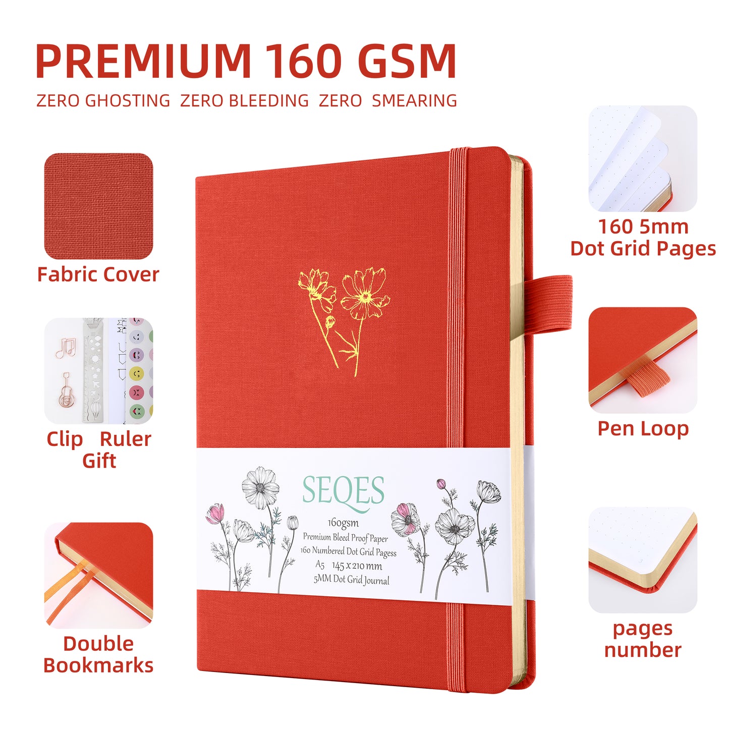 Bullet Journal A5 160gsm PREMIUM paper gold edge-blooming flower