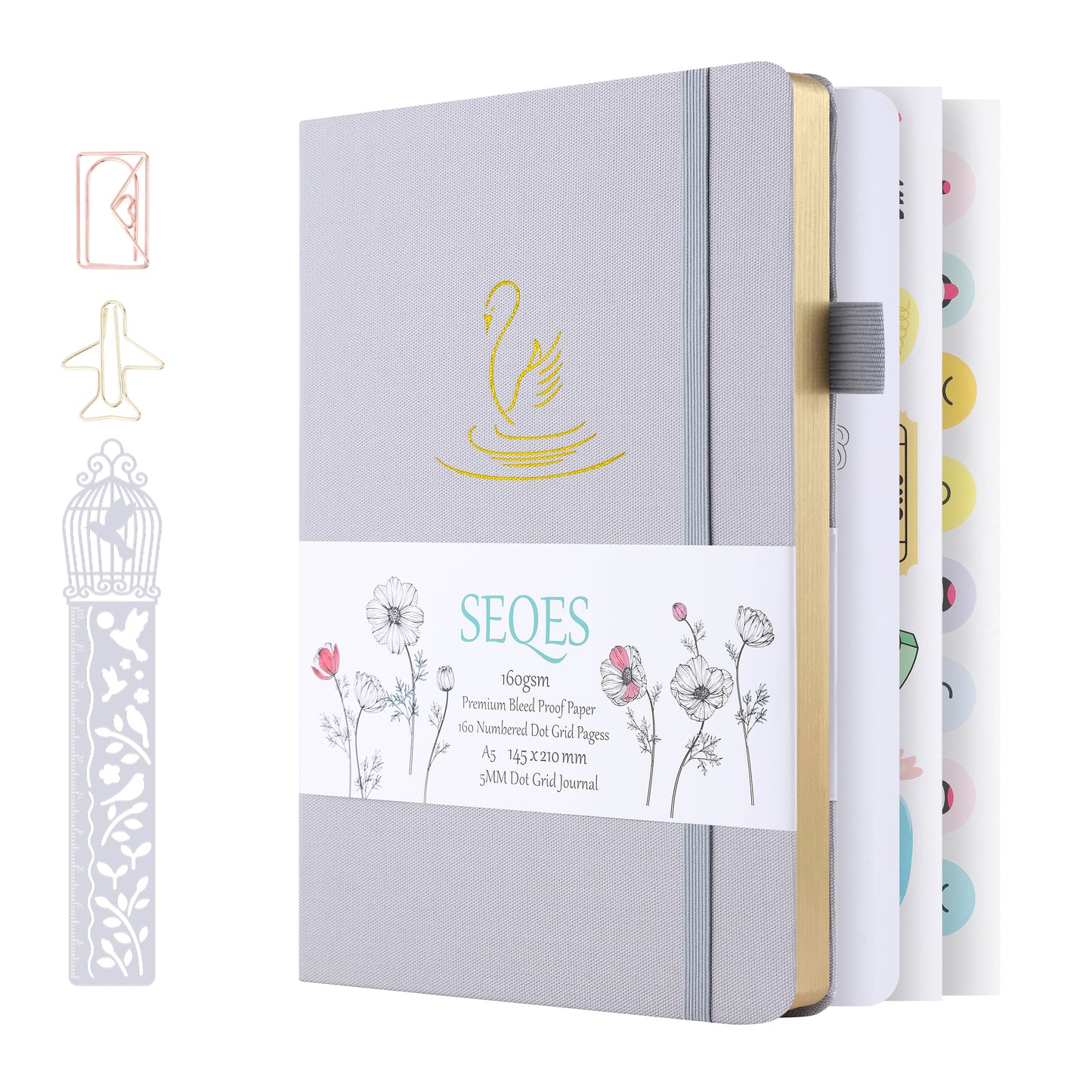 Bullet Dotted Journal - A5 Dot Grid Notebook with pages number,160gsm Bleedproof Paper,Silver Edge for Personal Organizers,Bullet Journals, and journaling- Swan