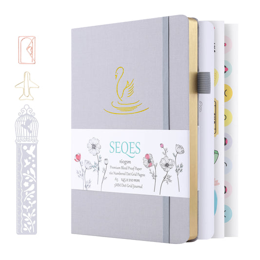 Bullet Dotted Journal - A5 Dot Grid Notebook with pages number,160gsm Bleedproof Paper,Silver Edge  for Personal Organizers,Bullet Journals, and journaling-  Swan