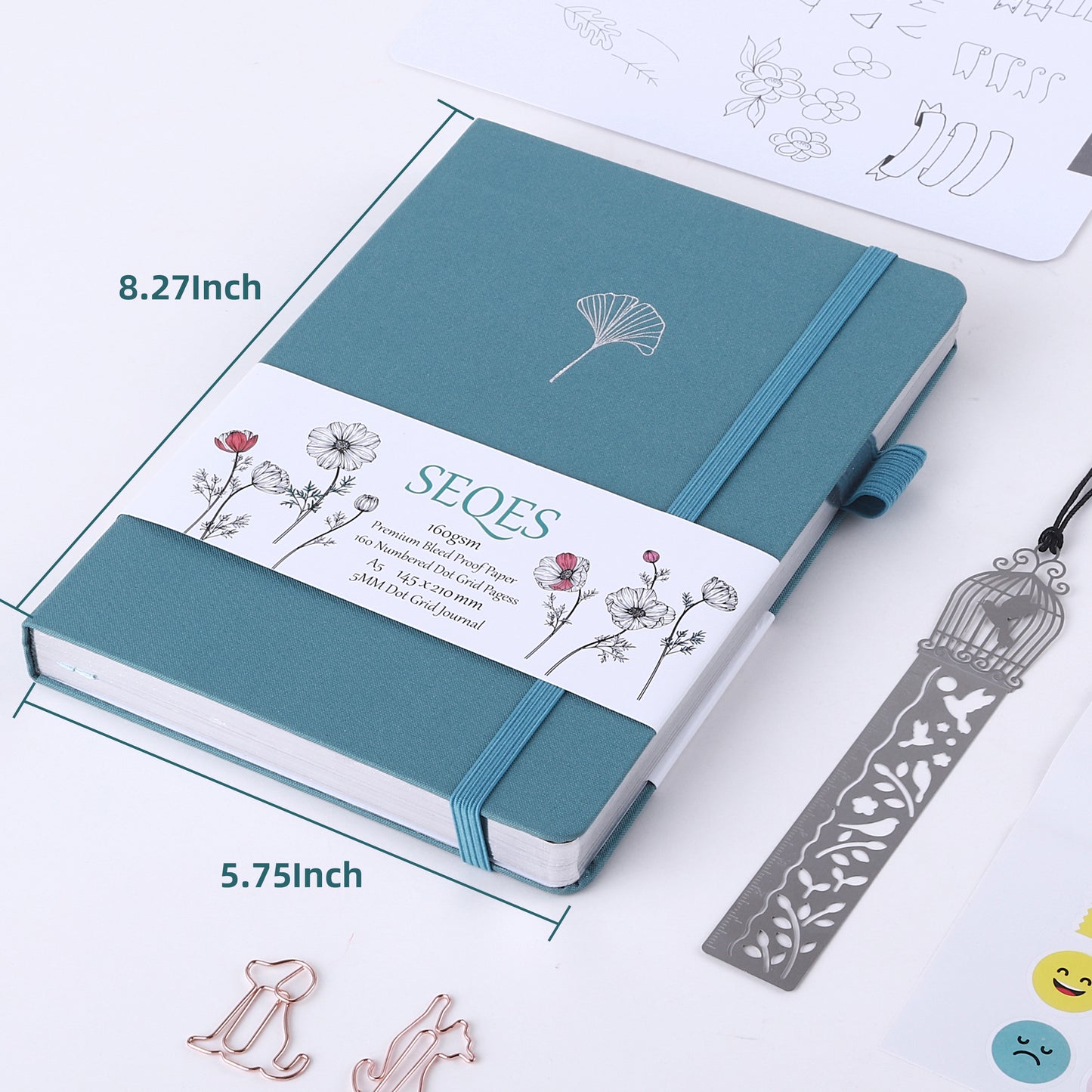 Bullet Dotted Journal - A5 Dot Grid Notebook with pages number,160gsm Bleedproof Paper,Silver Edge and Fabic for Personal Organizers, Bullet Journals, and journaling-Ginkgo leaf