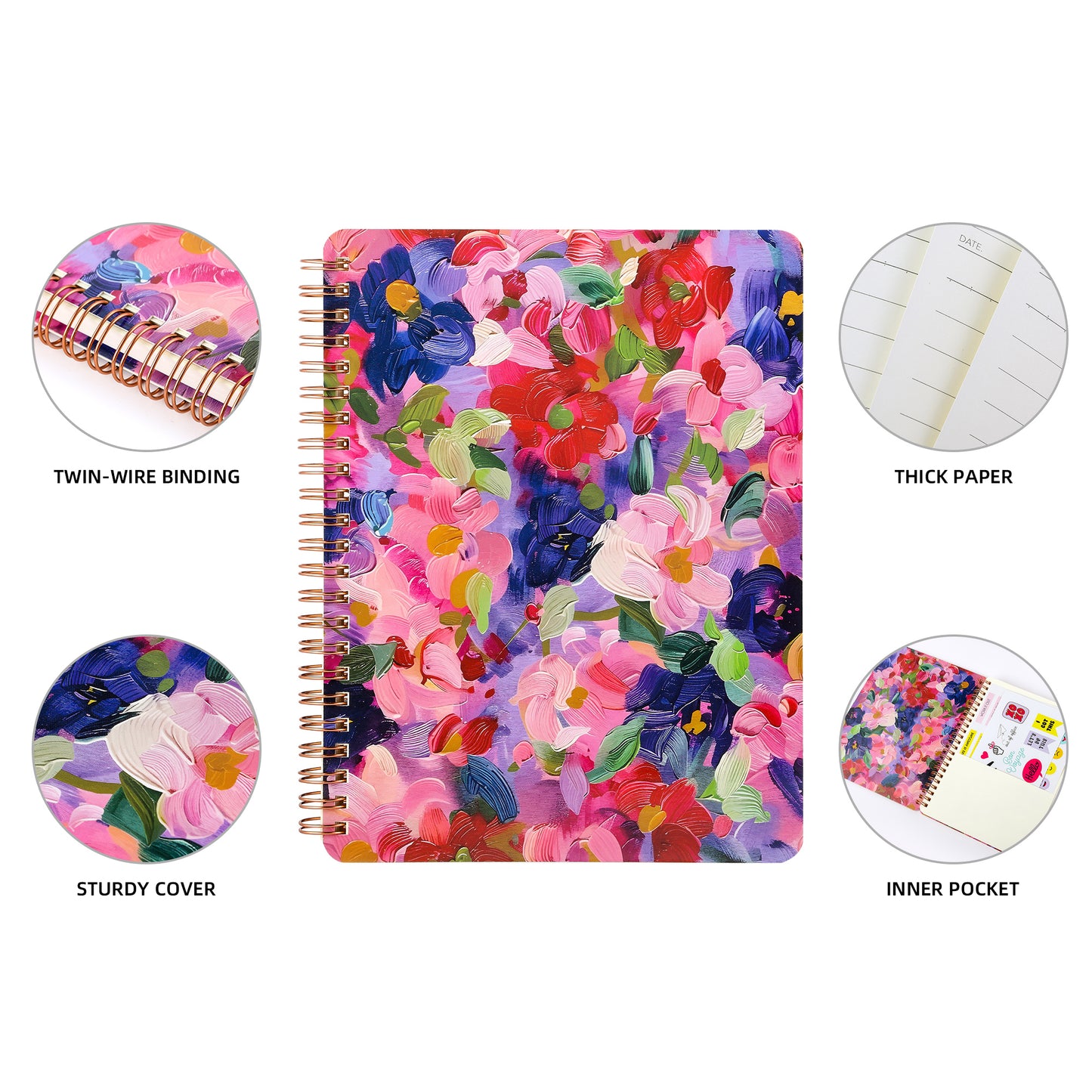 Spiral Notebook for Women, 8.25" x 6.25" Journal with Durable Hardcover and 160 Lined Pages with Large Pockets - Perfect to Stay Organized and Boost Productivity at Work or School