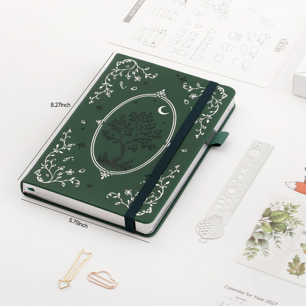 SeQeS A5 Bullet Dotted Journal, 5mm Grid, 160gsm Bleedproof Paper, 160 Numbered Pages, PU Leather Hardcover with Gold/Silver Page Edges, Bullet Journals for Creatives &amp; Professionals (Lunar Grove)