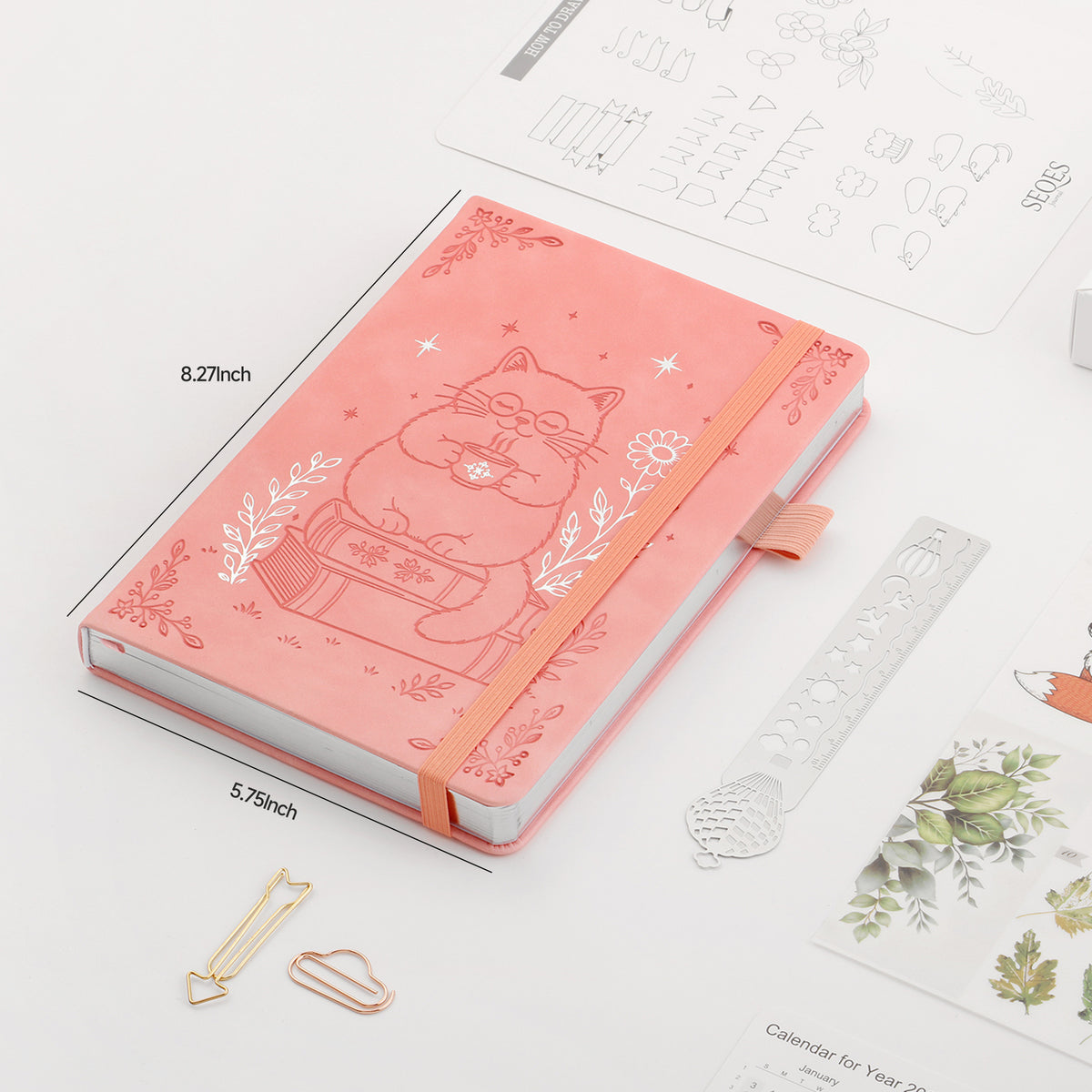 SeQeS A5 Bullet Dotted Journal, 5mm Grid, 160gsm Bleedproof Paper, 160 Numbered Pages, PU Leather Hardcover with Gold/Silver Page Edges, Bullet Journals for Creatives & Professionals(Cozy Feline)