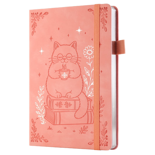 SeQeS A5 Bullet Dotted Journal, 5mm Grid, 160gsm Bleedproof Paper, 160 Numbered Pages, PU Leather Hardcover with Gold/Silver Page Edges, Bullet Journals for Creatives & Professionals(Cozy Feline)