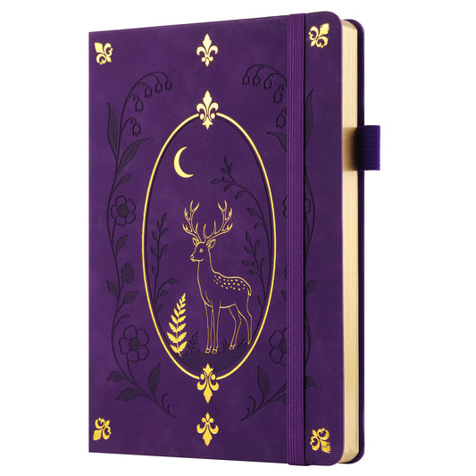 A5 Bullet Dotted Journal, 5mm Grid, 160gsm Bleedproof Paper, 160 Numbered Pages, PU Leather Hardcover with Gold/Silver Page Edges, Bullet Journals for Creatives & Professionals (Twilight Spirit Deer)