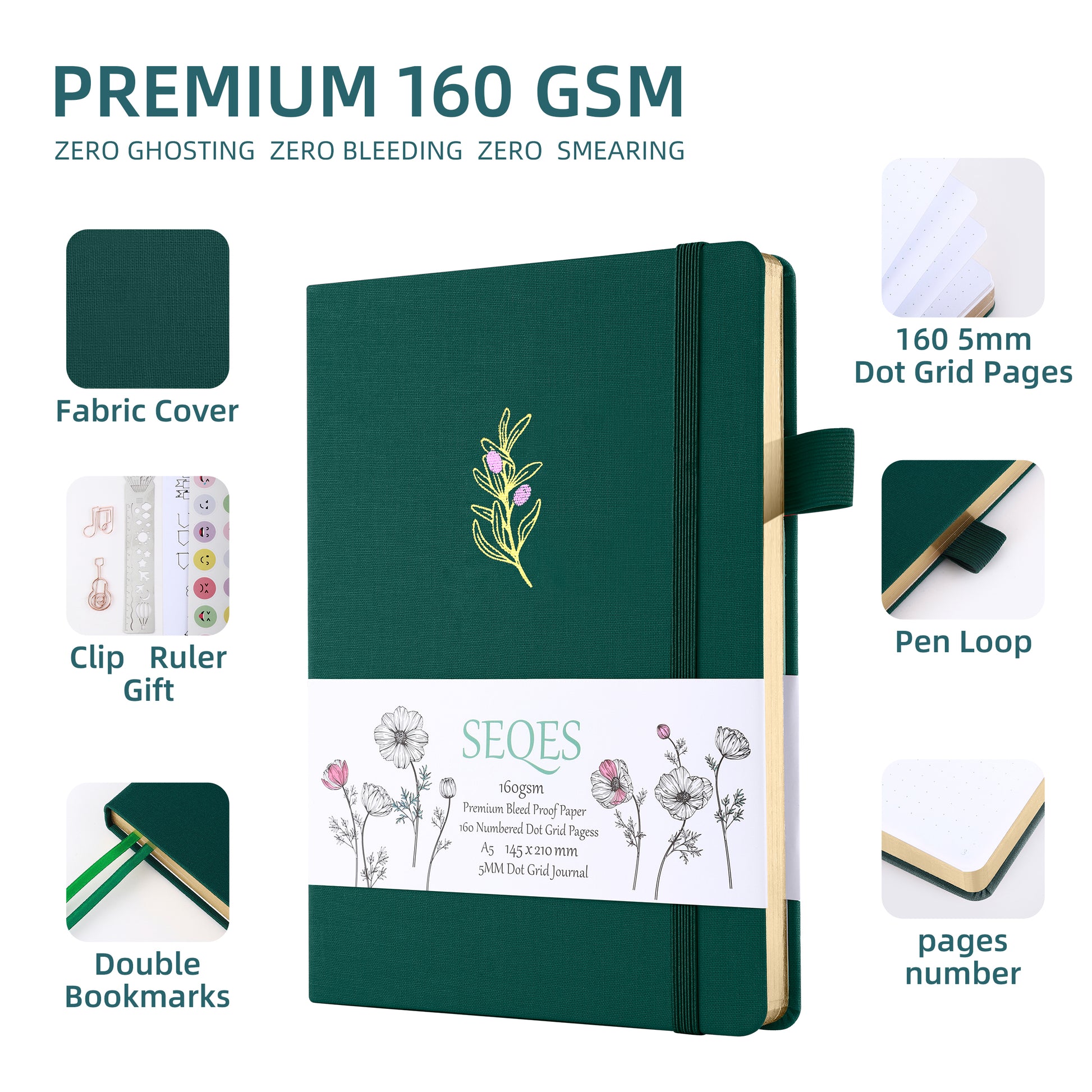 Bullet Journal A5 160gsm PREMIUM paper gold edge-olive – SeQeS