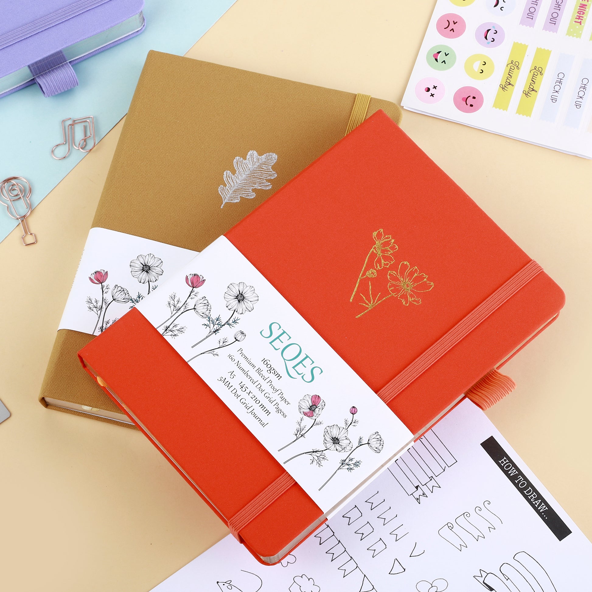  Journal Set - A5 Dotted Bullet Planner, Numbered Pages, 120gsm  Paper + Fineliners + Stencils + Washi (Rose Gold) : Office Products