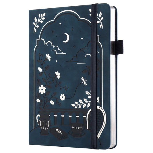 A5 Bullet Dotted Journal, 5mm Grid, 160gsm Bleedproof Paper, 160 Numbered Pages, PU Leather Hardcover with Gold/Silver Page Edges, Bullet Journals for Creatives & Professionals (Moonlit Balcony)