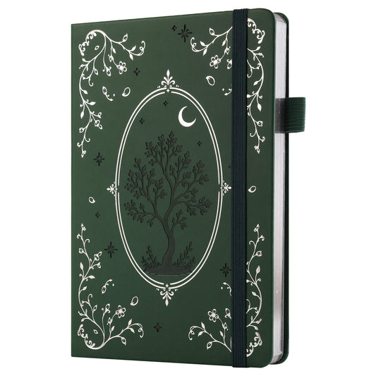 SeQeS A5 Bullet Dotted Journal, 5mm Grid, 160gsm Bleedproof Paper, 160 Numbered Pages, PU Leather Hardcover with Gold/Silver Page Edges, Bullet Journals for Creatives &amp; Professionals (Lunar Grove)