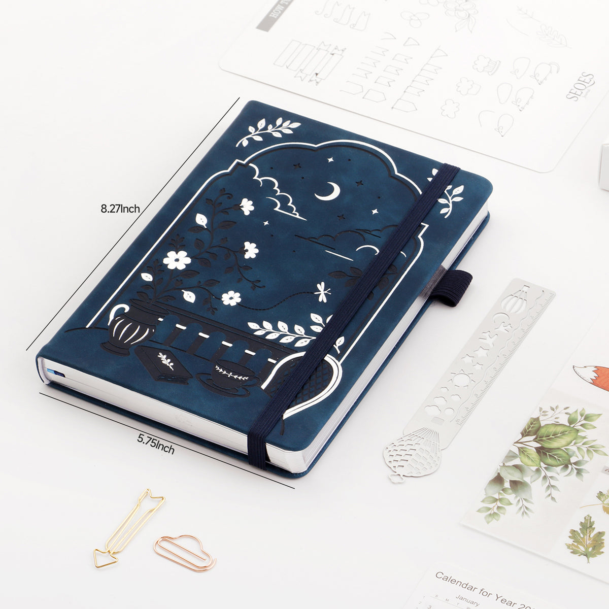 A5 Bullet Dotted Journal, 5mm Grid, 160gsm Bleedproof Paper, 160 Numbered Pages, PU Leather Hardcover with Gold/Silver Page Edges, Bullet Journals for Creatives & Professionals (Moonlit Balcony)